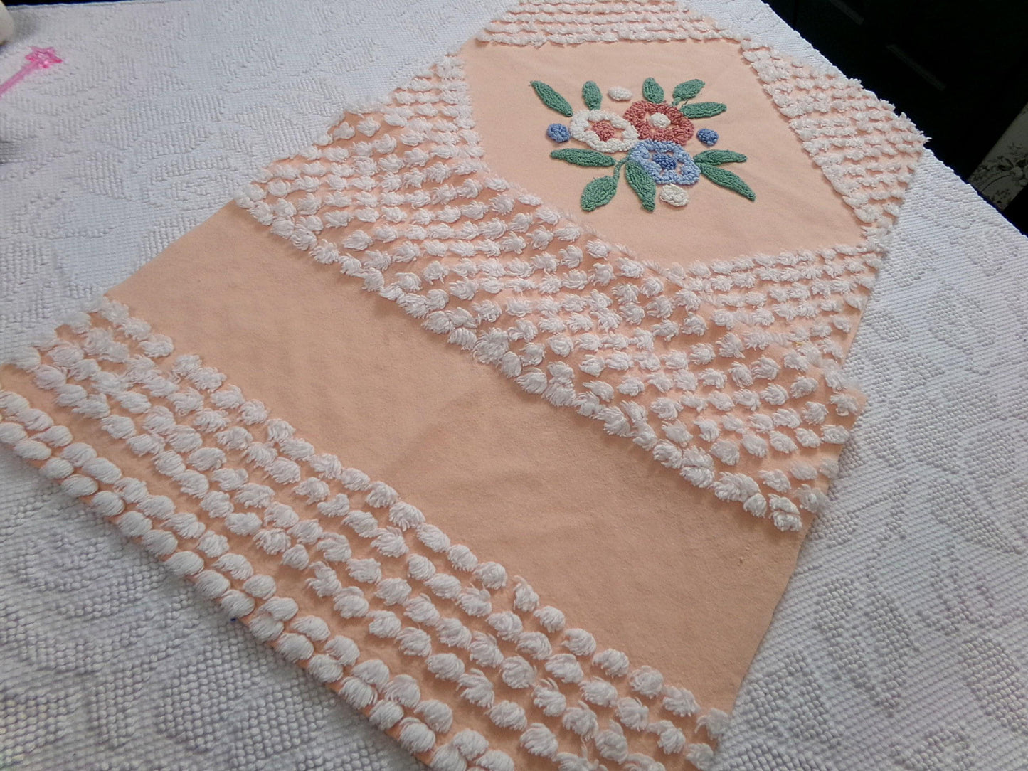Peach Wildflower Vintage Chenille Bedspread Fabric, 15" x 33" Piece Sewing & Quilt Material