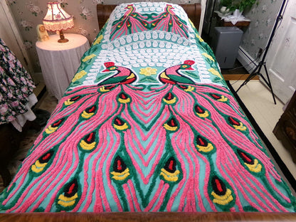 Green Peacock Vintage Chenille Bedspread, Full Size Pink Lovebirds & Swirls