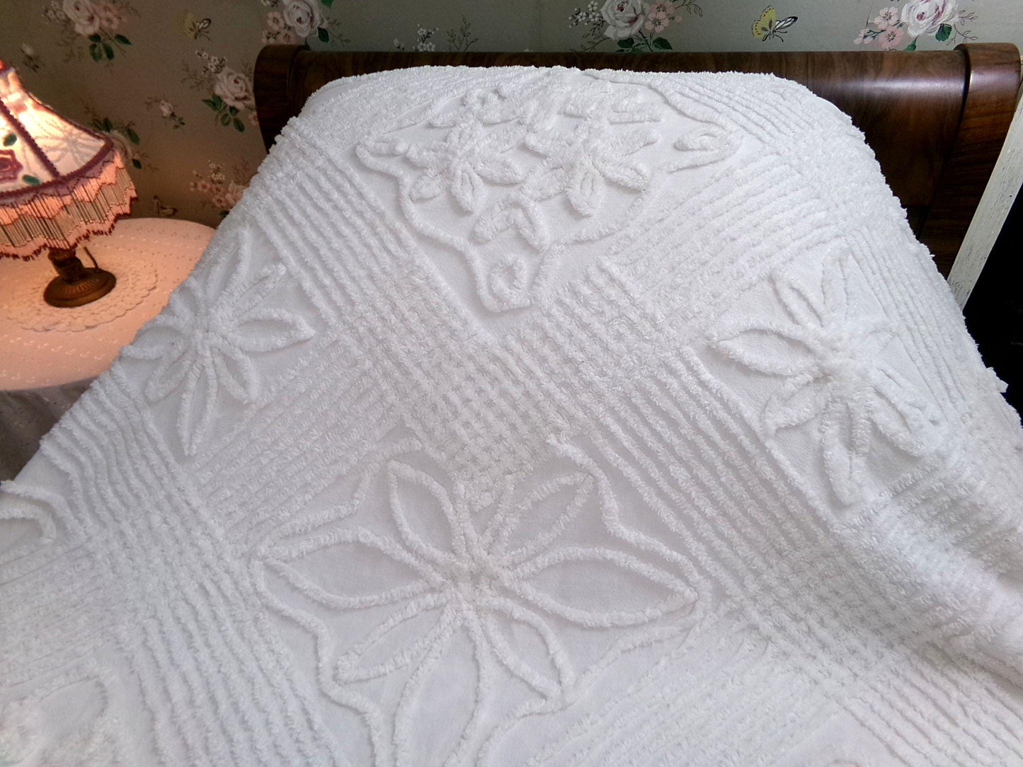 angelic lily white chenille bedspread, vintage simple cotton summer bedding, full size coverlet