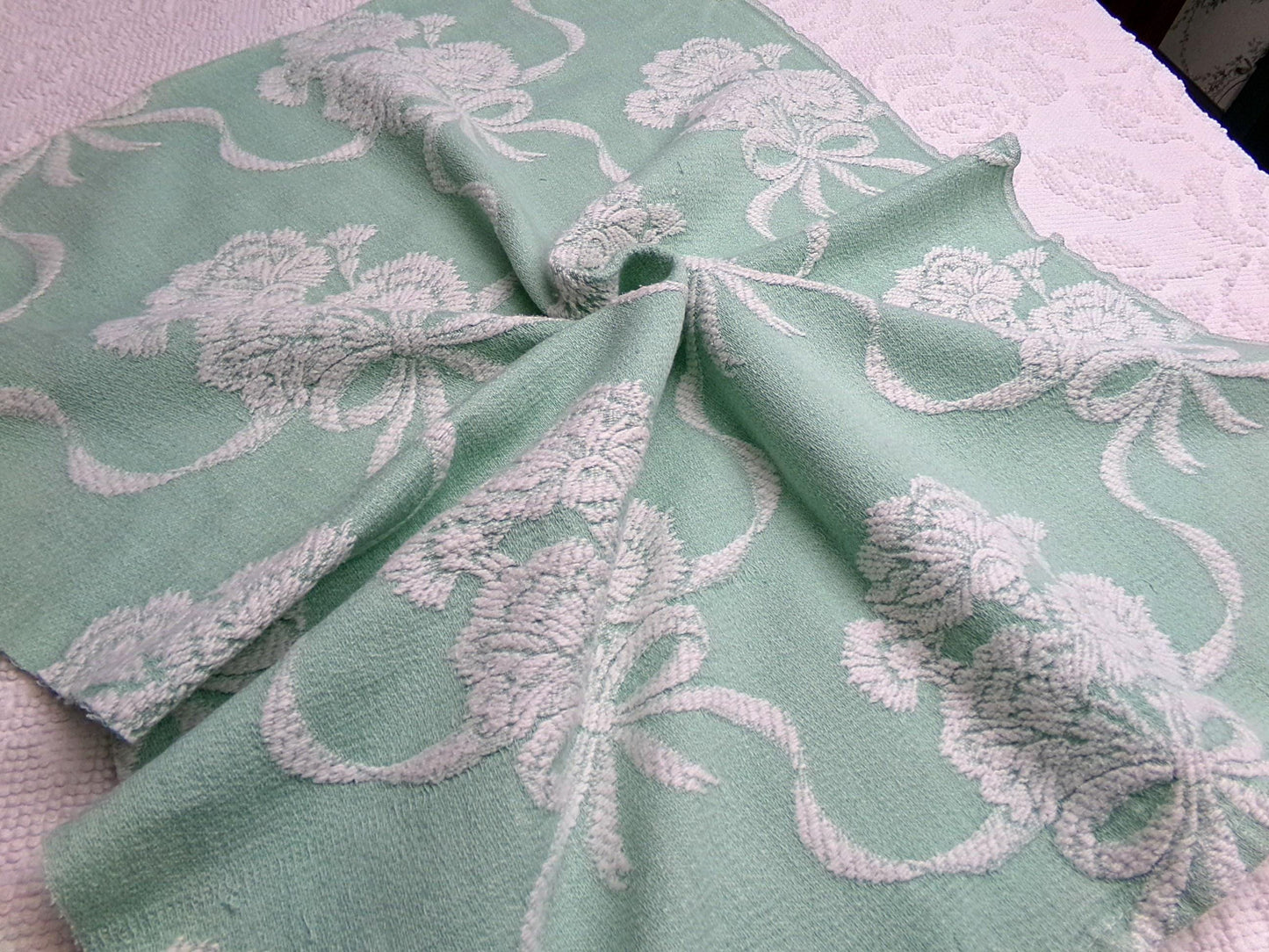 Shabby Woven Vintage Fabric Piece | Creamy White Carnation Flowers on Mint Green, 20" x 24"