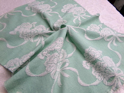 Shabby Woven Vintage Fabric Piece | Creamy White Carnation Flowers on Mint Green, 20" x 24"