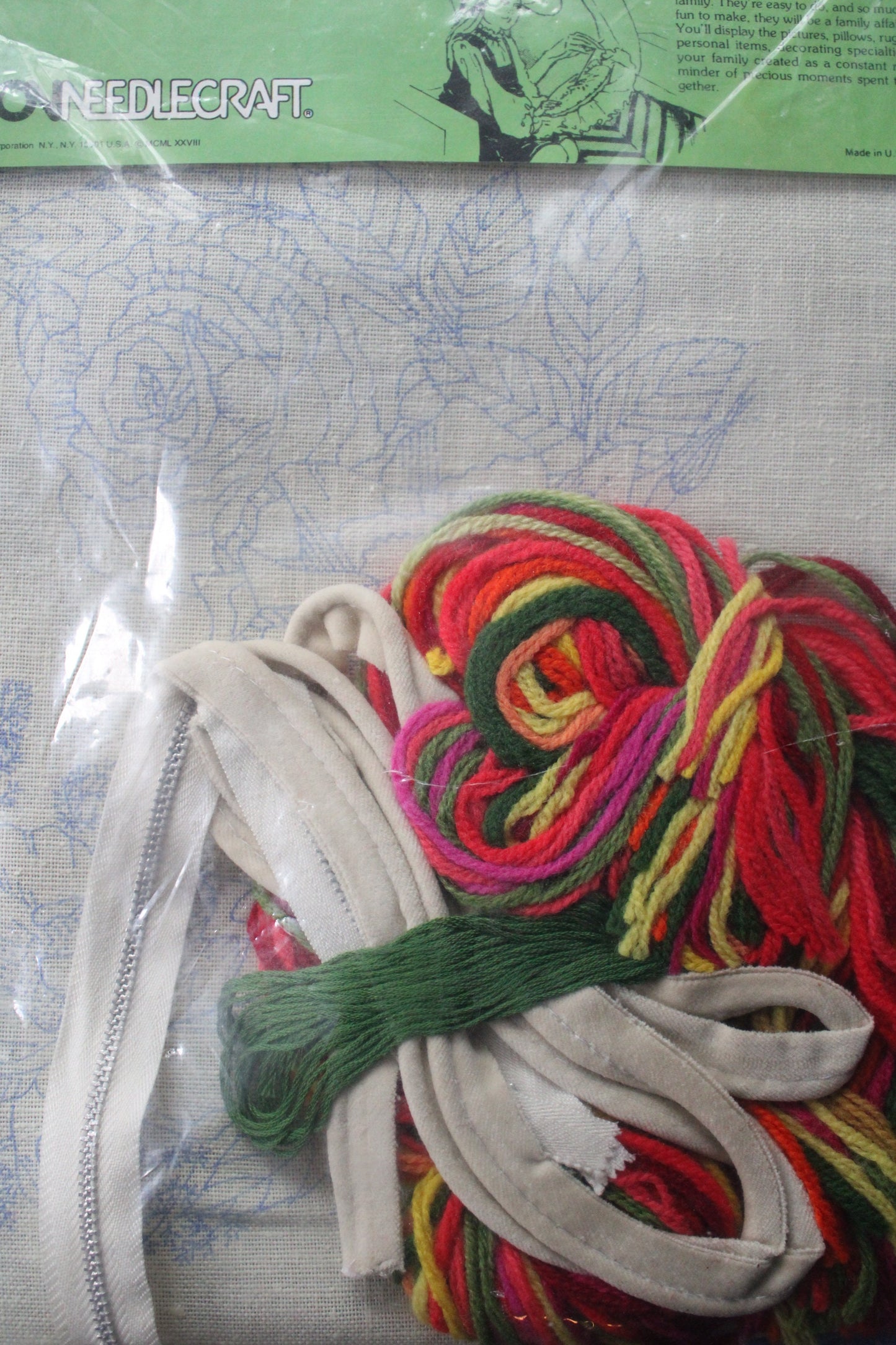 Crewel FESTIVAL OF ROSES Pillow Kit, Paragon Needlecraft Stitchery Kit #0857, Finishes 14" inch Square, Design by Georgia Ball 1978