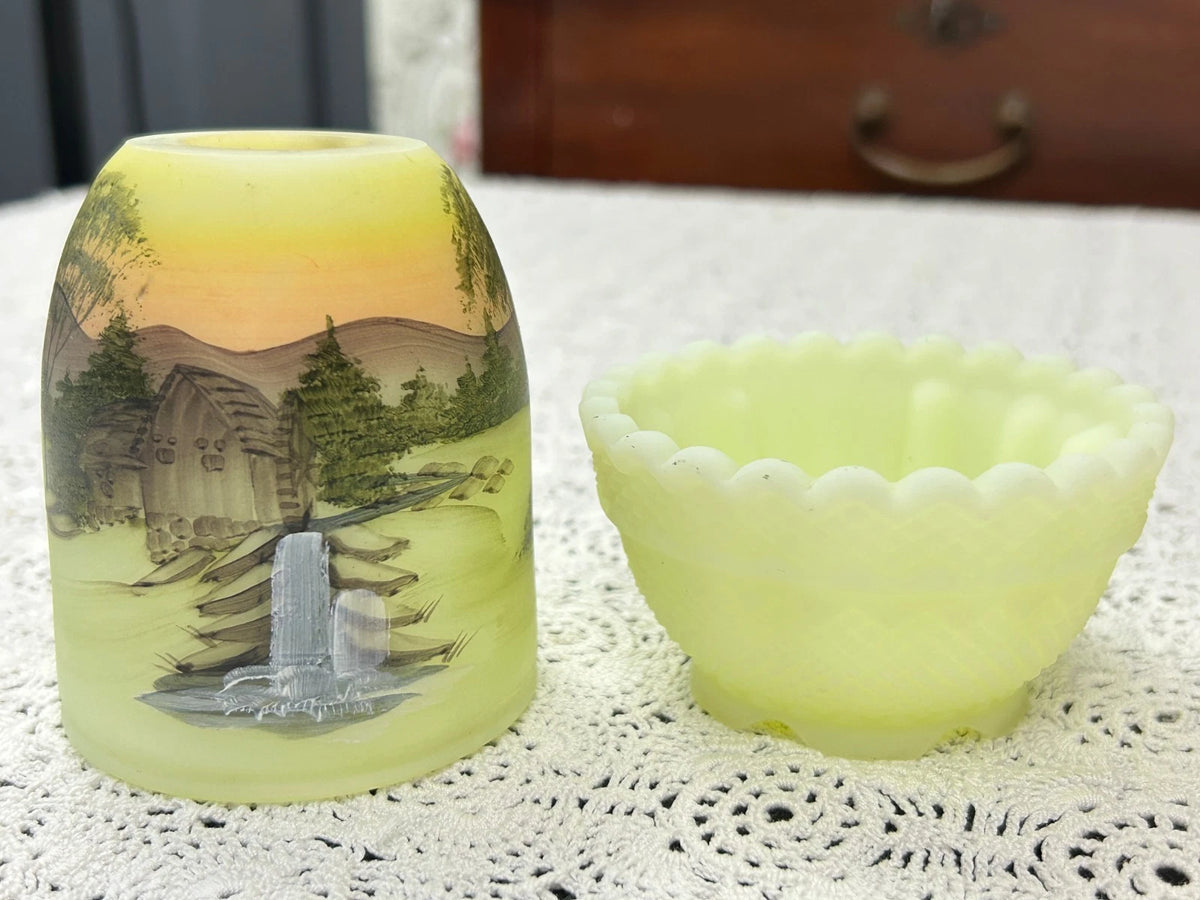 Vtg Fenton Fairy Lamp Satin Custard Glass Hand Painted Water Mill Gloria Finn