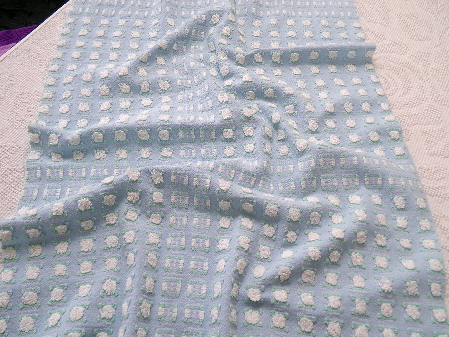 White Rosebud Vintage Blue Chenille Fabric, Shabby Phantom Rose Morgan Jones, 19x26"