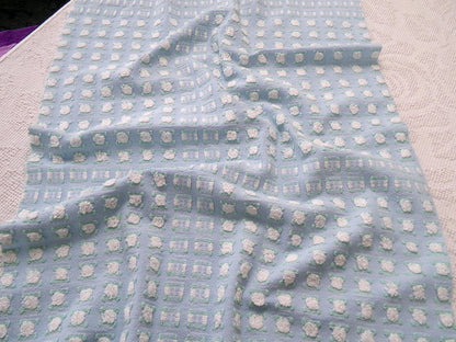 White Rosebud Vintage Blue Chenille Fabric, Shabby Phantom Rose Morgan Jones, 19x26"