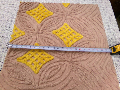 earthy energetic vintage chenille bedspread fabric, 25" x 22" geometric design