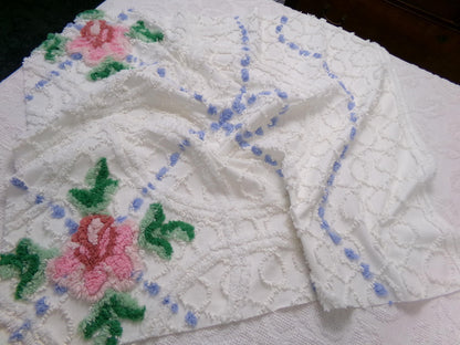 shabby romantic vintage chenille bedspread fabric, pink rose quilt material, 26" x 30" piece
