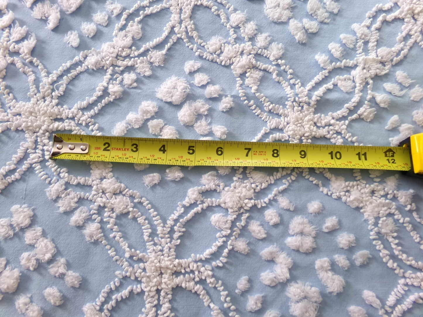 shabby beach chic vintage chenille fabric, 19" x 21" piece w/ snow white pops & links on sky blue cotton