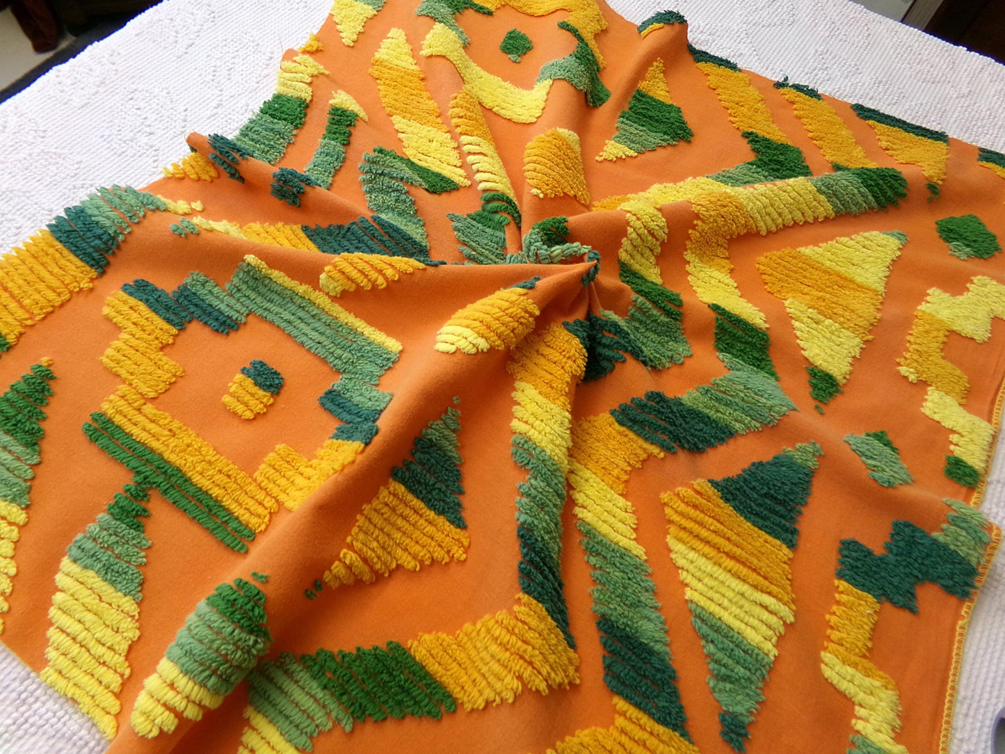 ethnic boho Southwestern vintage chenille fabric, vivid Aztec design, 20" x 24" piece of orange cotton sewing material for pillows, quilts