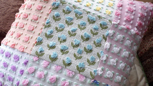 PATCHWORK Roses Floral Chenille Pillow Cover 16" x 16" inch Square, REVERSIBLE Accent Pillow Designed from Vintage Chenille Bedspread Fabric