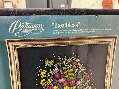 BREATHLESS Vintage Crewel Stitchery Kit, Boho Black Floral Paragon 0443 Embroidery