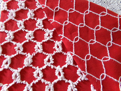 Red & White Vintage Chenille Bedspread Fabric, 17.5x23" Chain Link Design