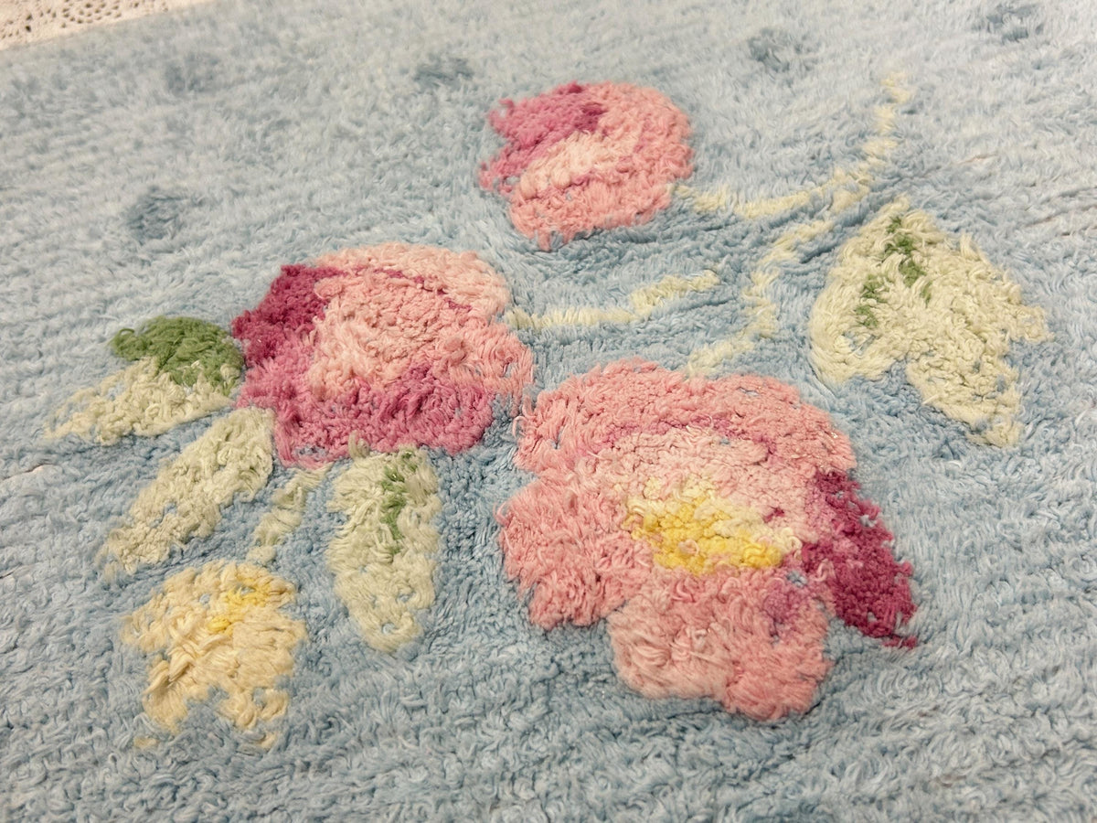 Small Vintage Chenille Rug, Pink Roses & Dots Blue 16" x 24" Accent Mat / Wall Hanging