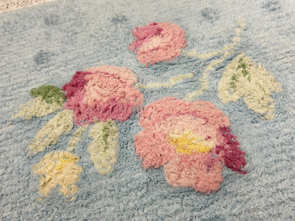 Small Vintage Chenille Rug, Pink Roses & Dots Blue 16" x 24" Accent Mat / Wall Hanging