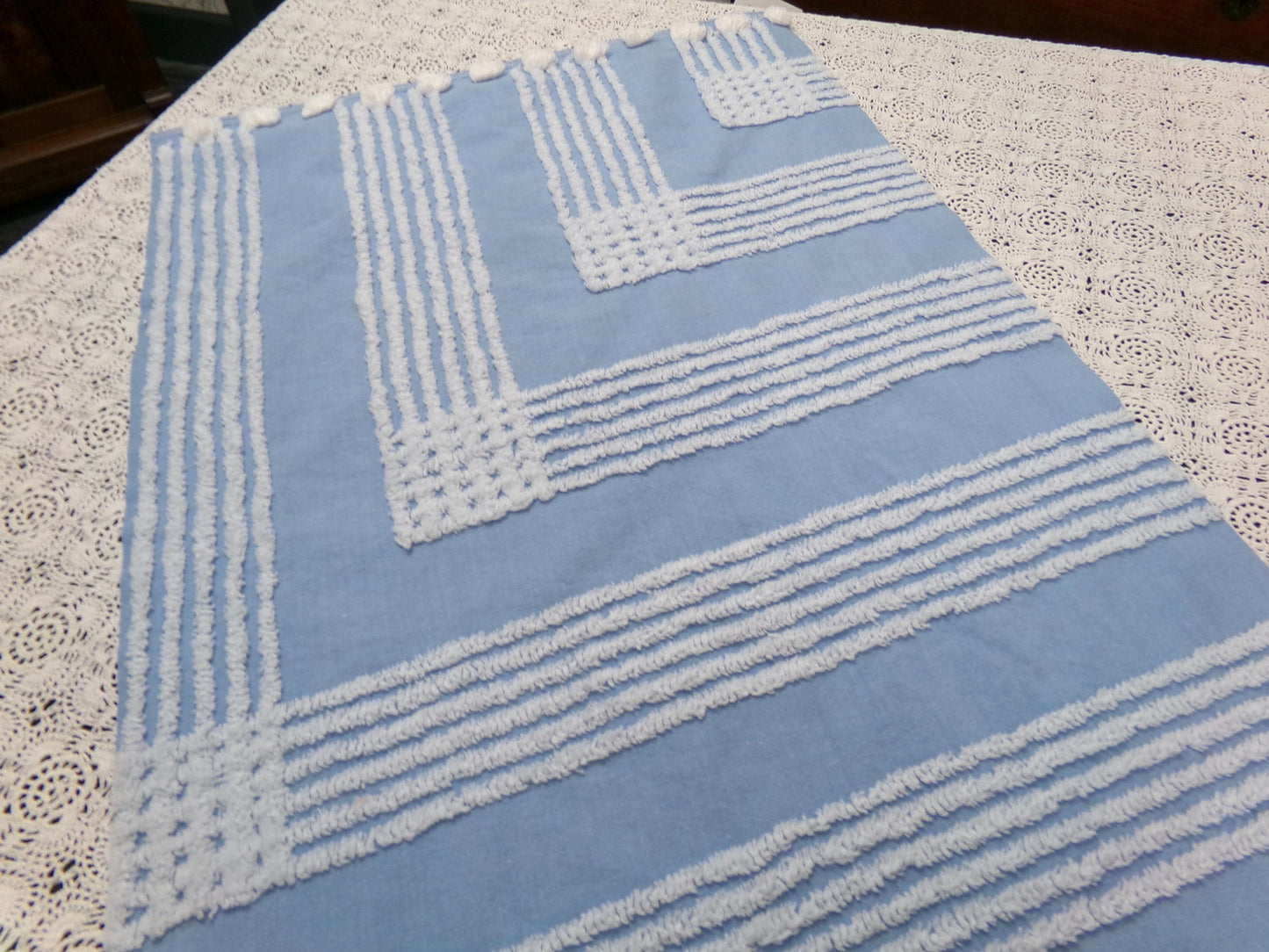 Sky Blue Vintage Chenille Fabric White Geometric Quilt Sewing Material 16.5" x 30"