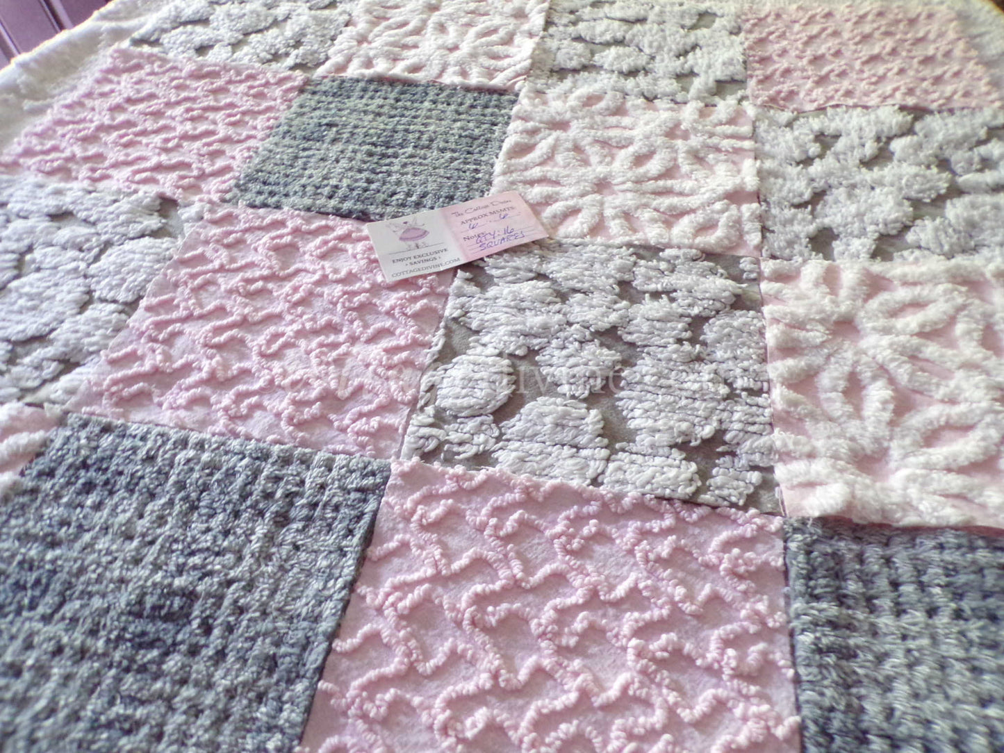 vintage 6" chenille fabric squares, set of 16 sophisticated grey & pink quilt blocks