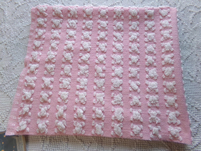 Carnation Pink White Rosebud Vintage Chenille Fabric, Soft Ombre Variations 18" x 25"