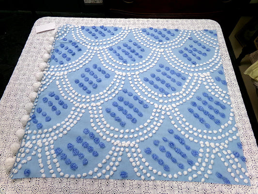 Blue Shell Scallops Vintage Chenille Bedspread Fabric Coastal Pops 24x26"