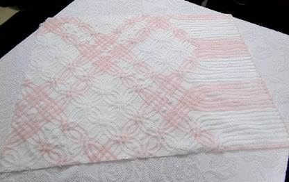 Pink & White Vintage Chenille Fabric, geometric craft quilt material, 27" x 19"