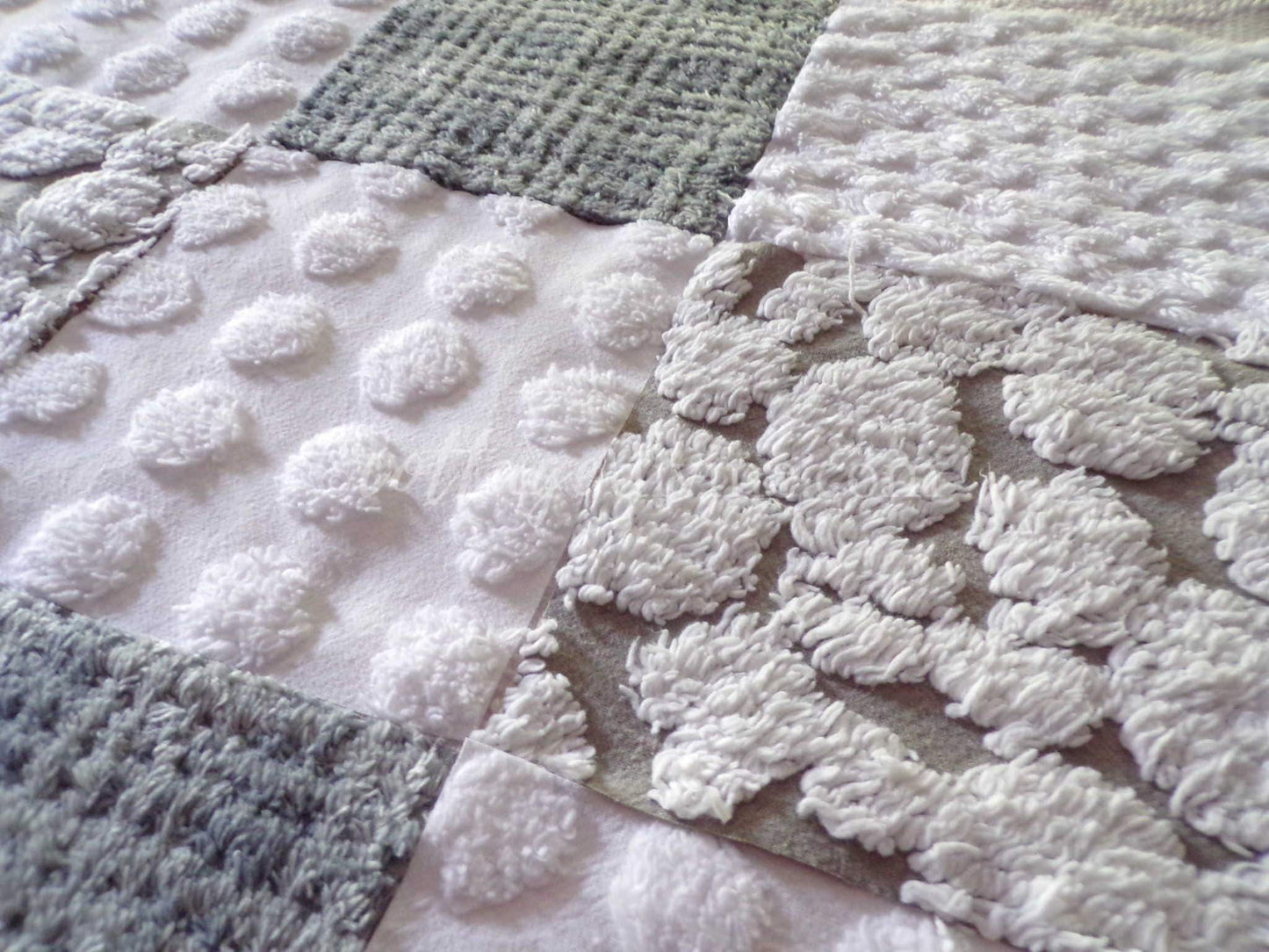Gender Neutral Chenille Fabric Squares Set from Vintage Bedspread Fabrics, 16 Quilt Blocks, 6" inch, Modern Grey & White