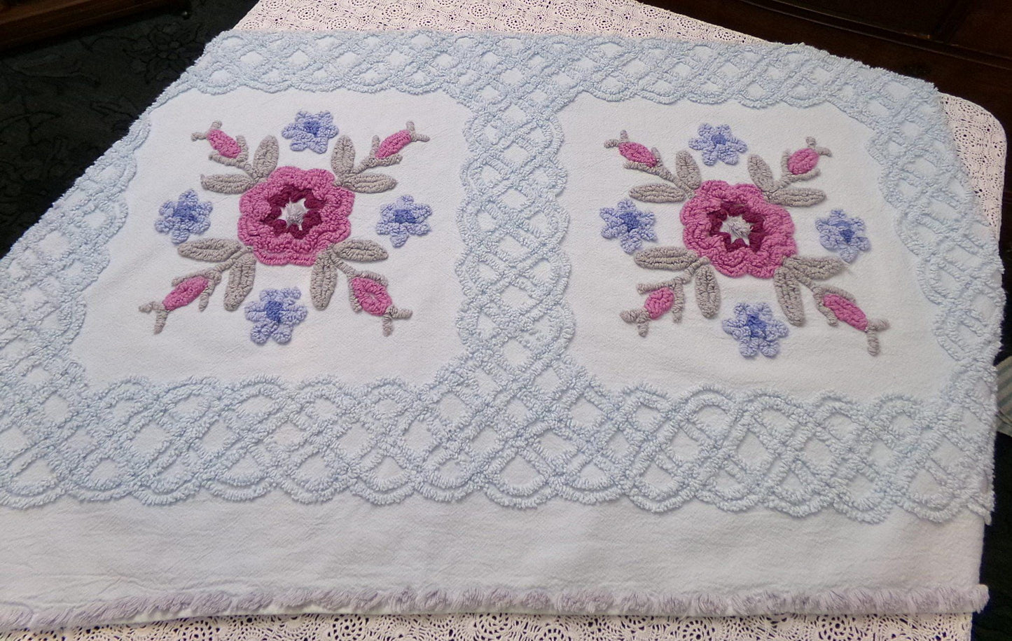 Ice Blue Vintage Chenille Fabric Double Tufted Rose Medallion Floral Lattice 23x36"