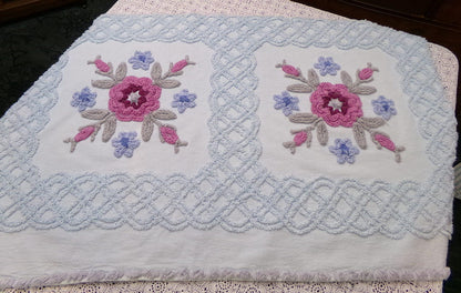Ice Blue Vintage Chenille Fabric Double Tufted Rose Medallion Floral Lattice 23x36"