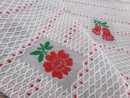 Vintage Woven Fabric, Steel Grey Red Floral Lattice Reversible Cut Piece 24" x 27"