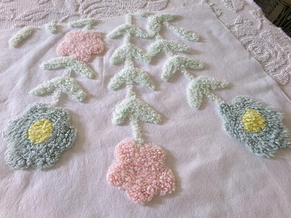 pastel floral tufted fabric, cut from a vintage style chenille bedspread, 20" x 23" piece