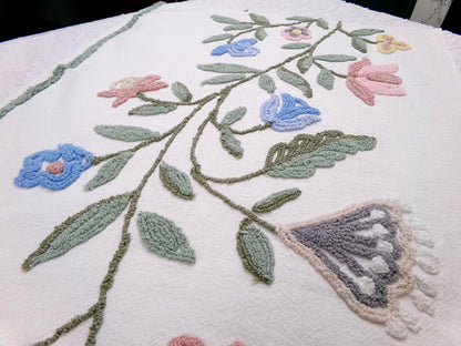 Woodland Meadow Vintage Chenille Bedspread Fabric, Floral Boho Sewing Material, 18" x 23" piece