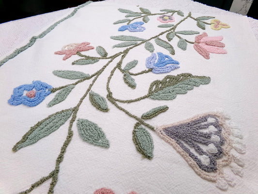 Woodland Meadow Vintage Chenille Bedspread Fabric, Floral Boho Sewing Material, 18" x 23" piece