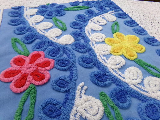 Blue Vintage Chenille Bedspread Fabric 20x24" Piece Colorful Florals