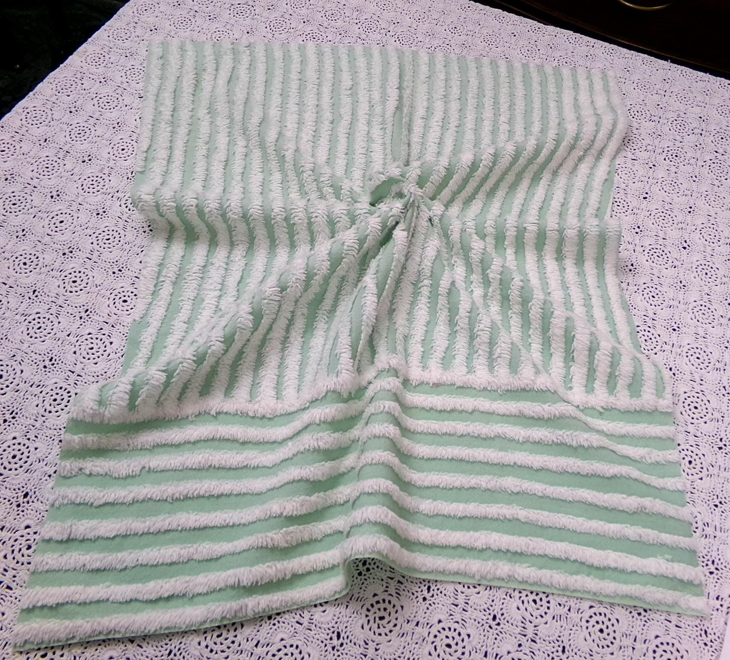 Vintage Chenille Bedspread Fabric, White Multidirectional Stripe Mint Green 18x24"