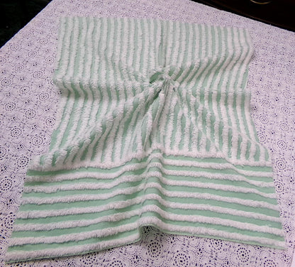 Vintage Chenille Bedspread Fabric, White Multidirectional Stripe Mint Green 18x24"