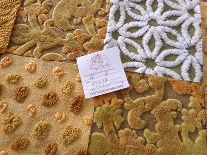 boho mama velvet & chenille fabric squares, earthtone daisy, dots, 16 vintage quilt blocks 6" x 6" inch, for pillows, quilts, crafts