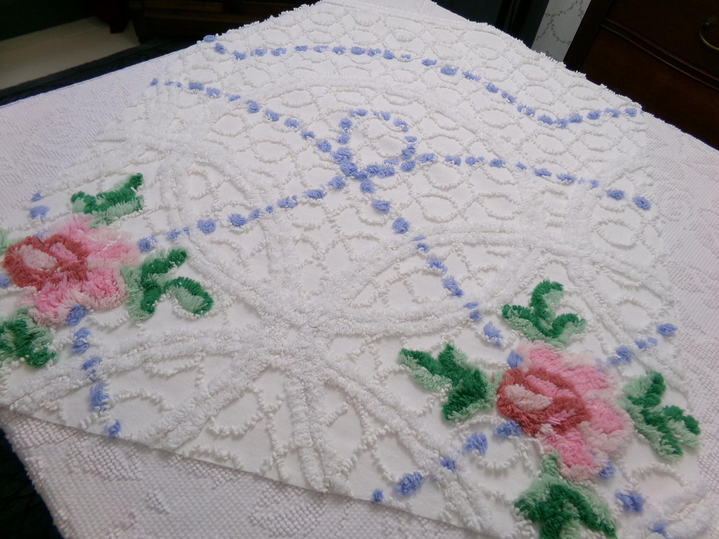 shabby romantic vintage chenille bedspread fabric, pink rose quilt material, 26" x 30" piece