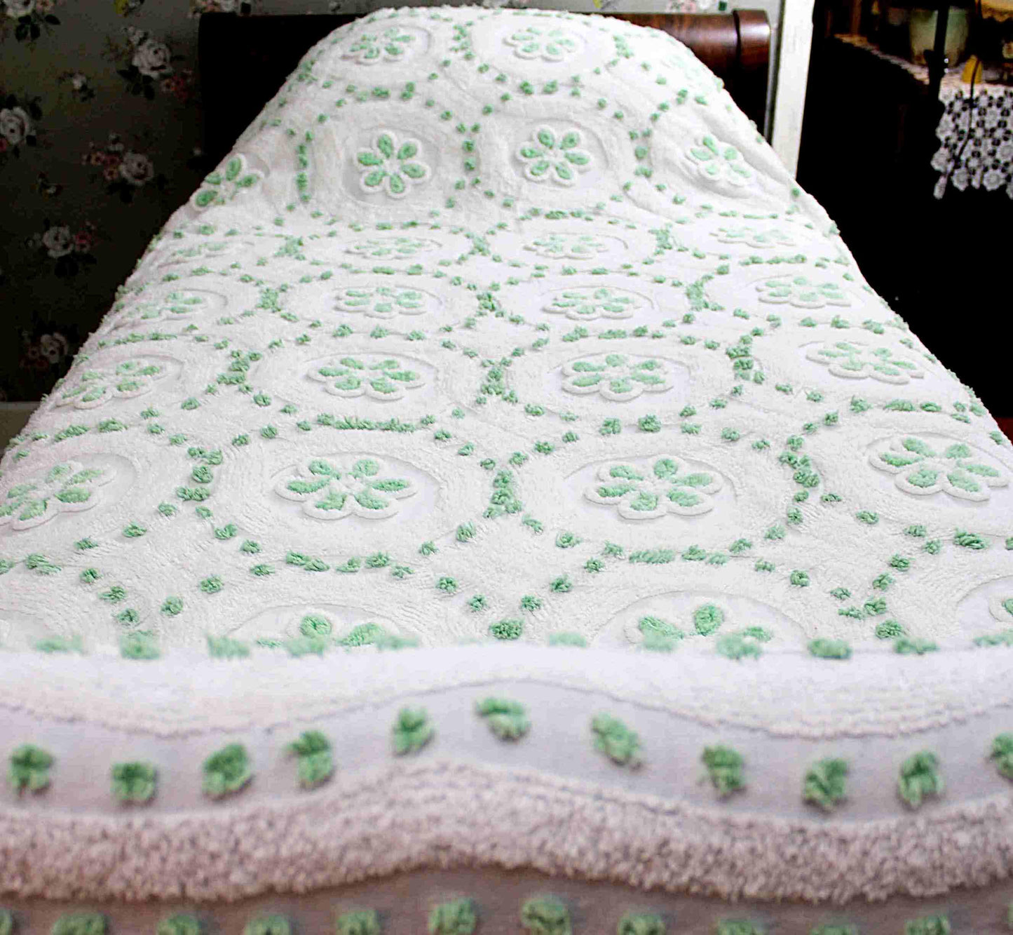 Twin Vintage Chenille Bedspread, Lucky Shamrock Green Flower Circles on White Coverlet