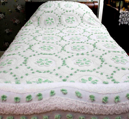 Twin Vintage Chenille Bedspread, Lucky Shamrock Green Flower Circles on White Coverlet