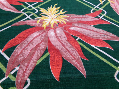 Shabby Vintage Barkcloth Fabric Tropical Tiki Hunter Green Exotic Lily Lattice 16x28"