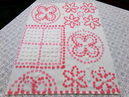 Vintage Pink White Chenille Fabric 4-Block Geometric Floral Sampler 18" x 23" Panel
