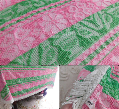 Boho Vintage Bedspread, Woven Chenille Folk Art Pink & Green Hobnail w/ Fringe, Twin Sz