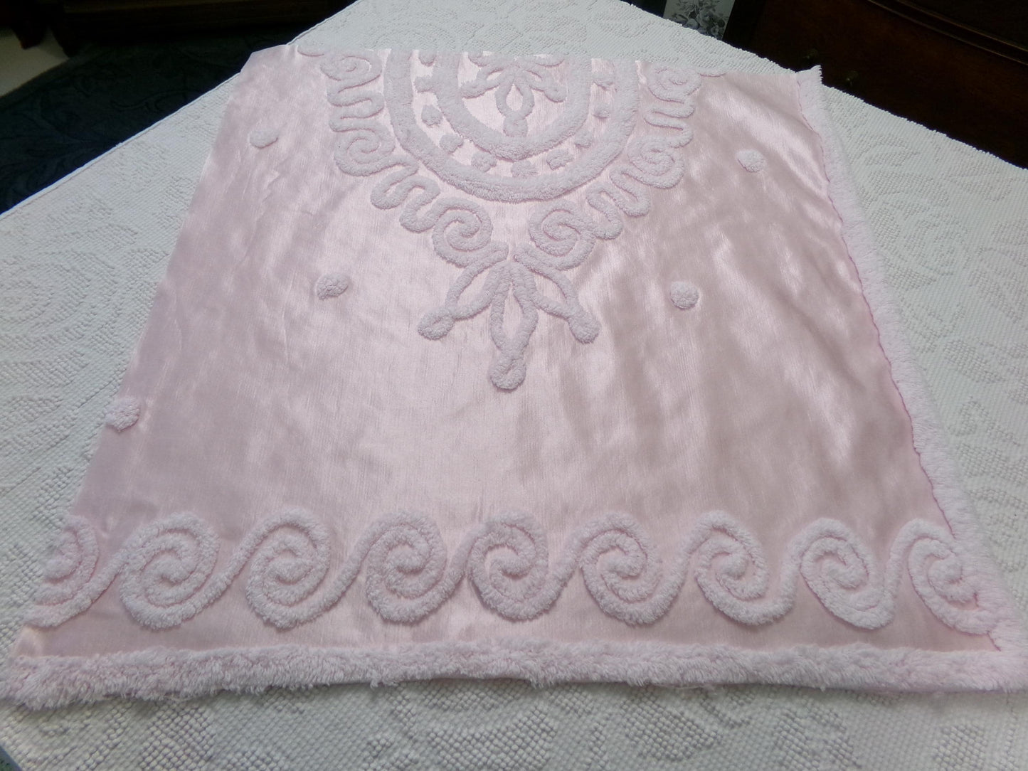 Vintage Pink Satin Chenille Fabric, Shabby Chic Sewing Material 23" x 22" Piece