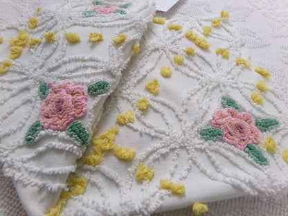Pink Rose Vintage Chenille Bedspread Fabric, cottage chic sewing craft quilt material, 20" x 20" piece