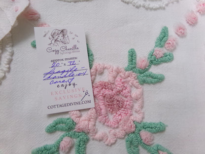 Shabby Wildflowers Vintage Chenille Fabric, pink rose floral sewing material, 20" x 32"