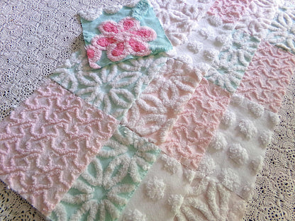 cottage chic 6" chenille squares, set of 17 aqua, pink & white quilt blocks cut from vintage chenille bedspread fabrics, daisies 'n dots