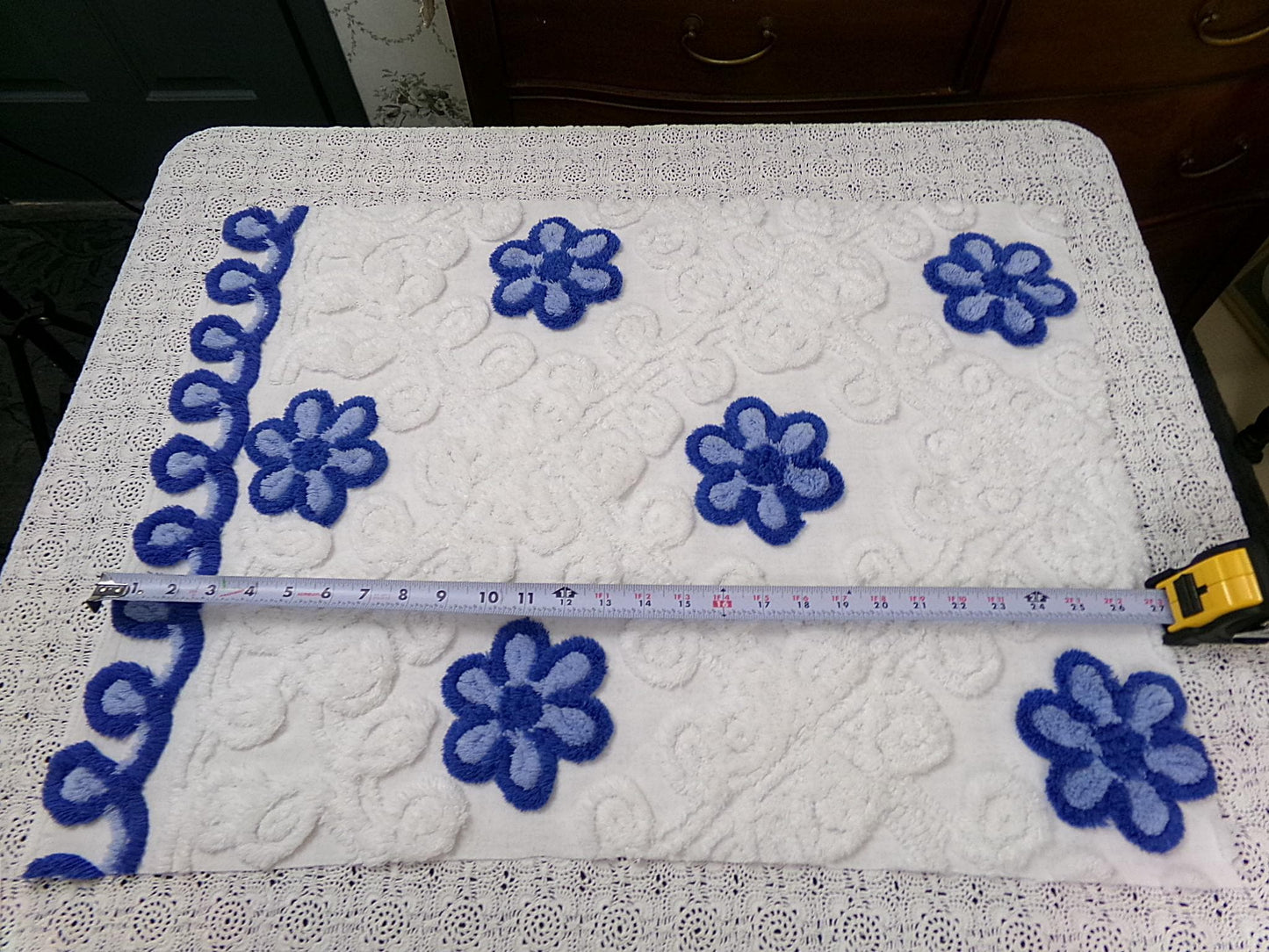 Vintage Chenille Bedspread Fabric, Plush Blue Flowers White Curlicues, 20x26" Piece
