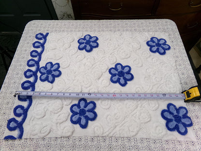 Vintage Chenille Bedspread Fabric, Plush Blue Flowers White Curlicues, 20x26" Piece