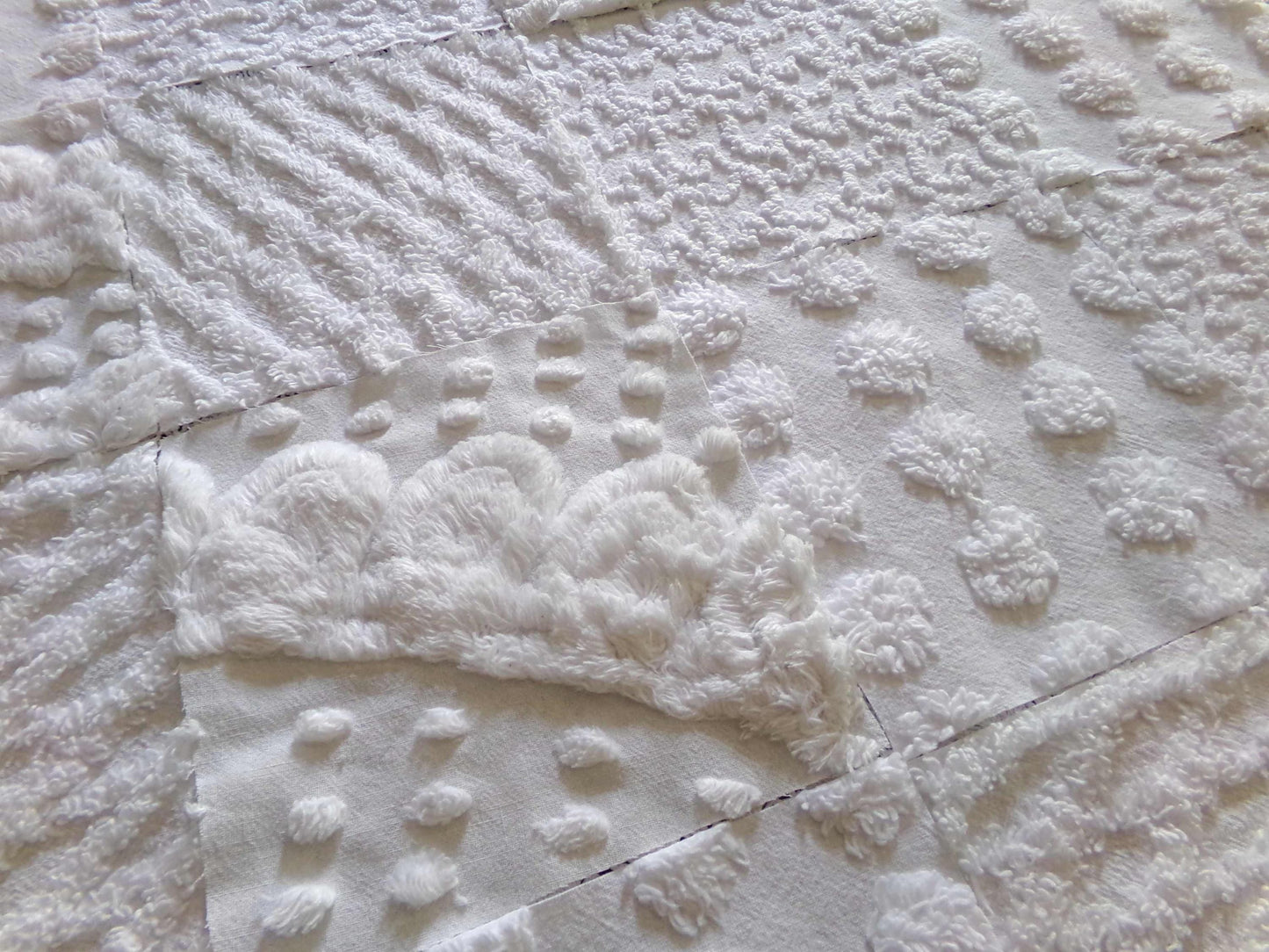 snow bunny vintage chenille fabric squares, 16 vintage white 6" quilt blocks w/ pops, squiggles, diamond lattice & swirls