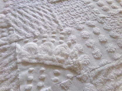 snow bunny vintage chenille fabric squares, 16 vintage white 6" quilt blocks w/ pops, squiggles, diamond lattice & swirls