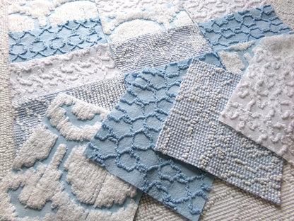 seaside wanderings chenille fabric squares, 16 vintage 6" quilt blocks in coastal blue & white, for sewing, crafts, fiber arts