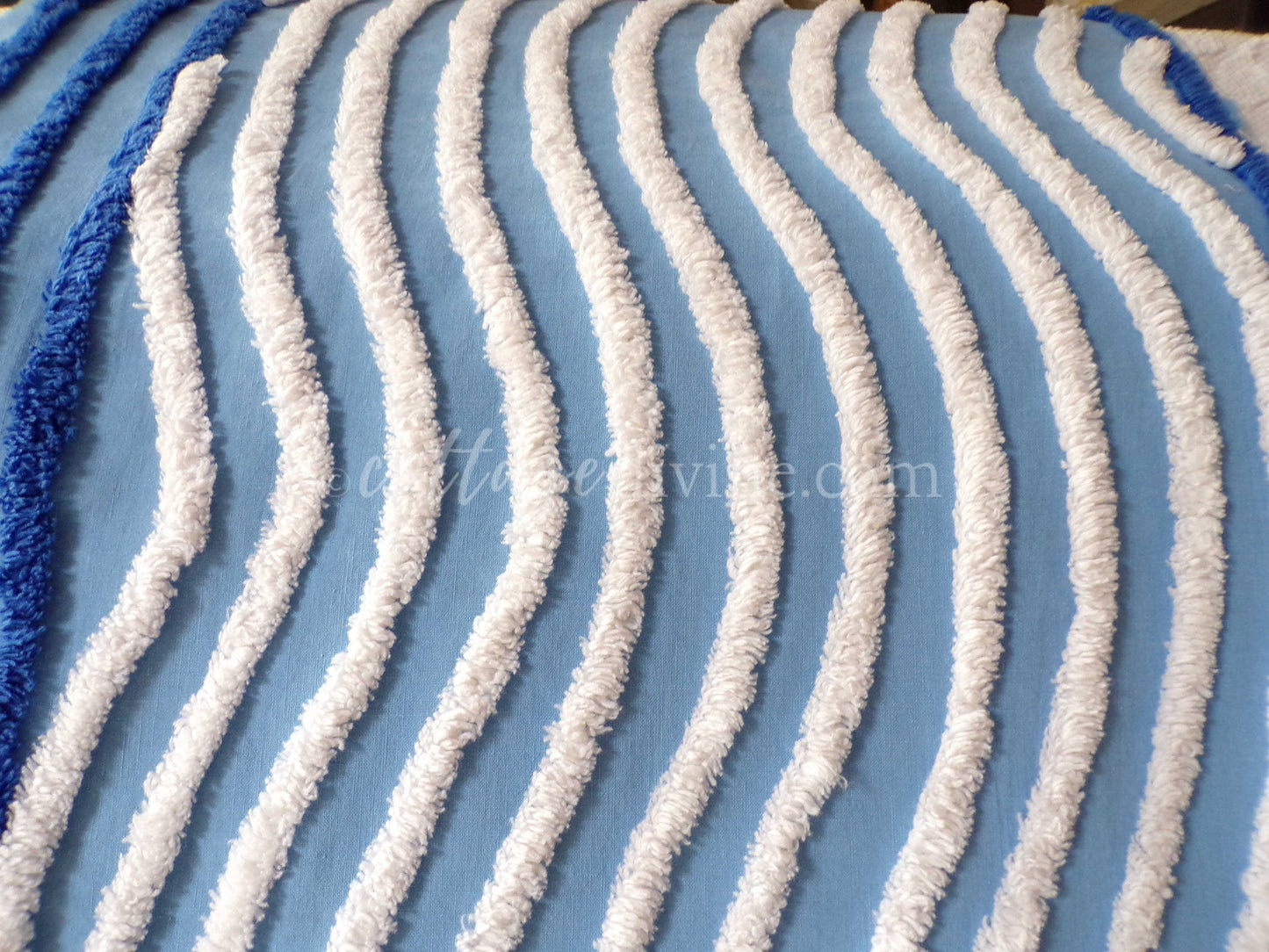 Gentle Waves Vintage Chenille Quilt Fabric, 26" x 16.5" Piece, 100% Cotton White Tufting on Blue